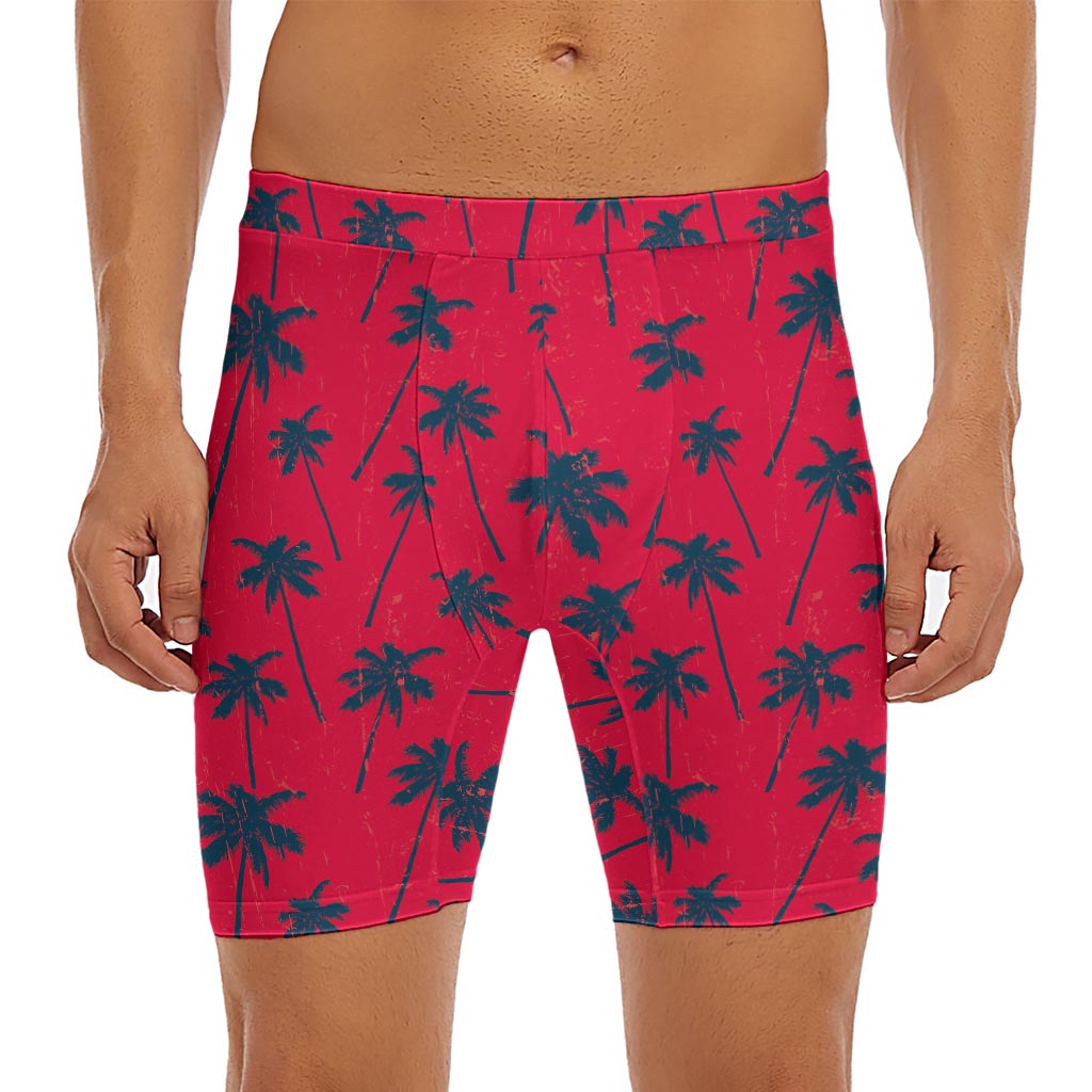 Black Red Palm Tree Pattern Print Men's Long Boxer Briefs