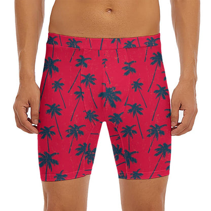 Black Red Palm Tree Pattern Print Men's Long Boxer Briefs