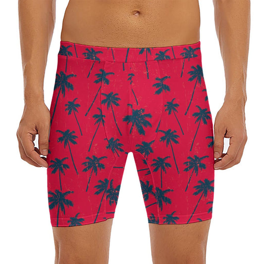 Black Red Palm Tree Pattern Print Men's Long Boxer Briefs