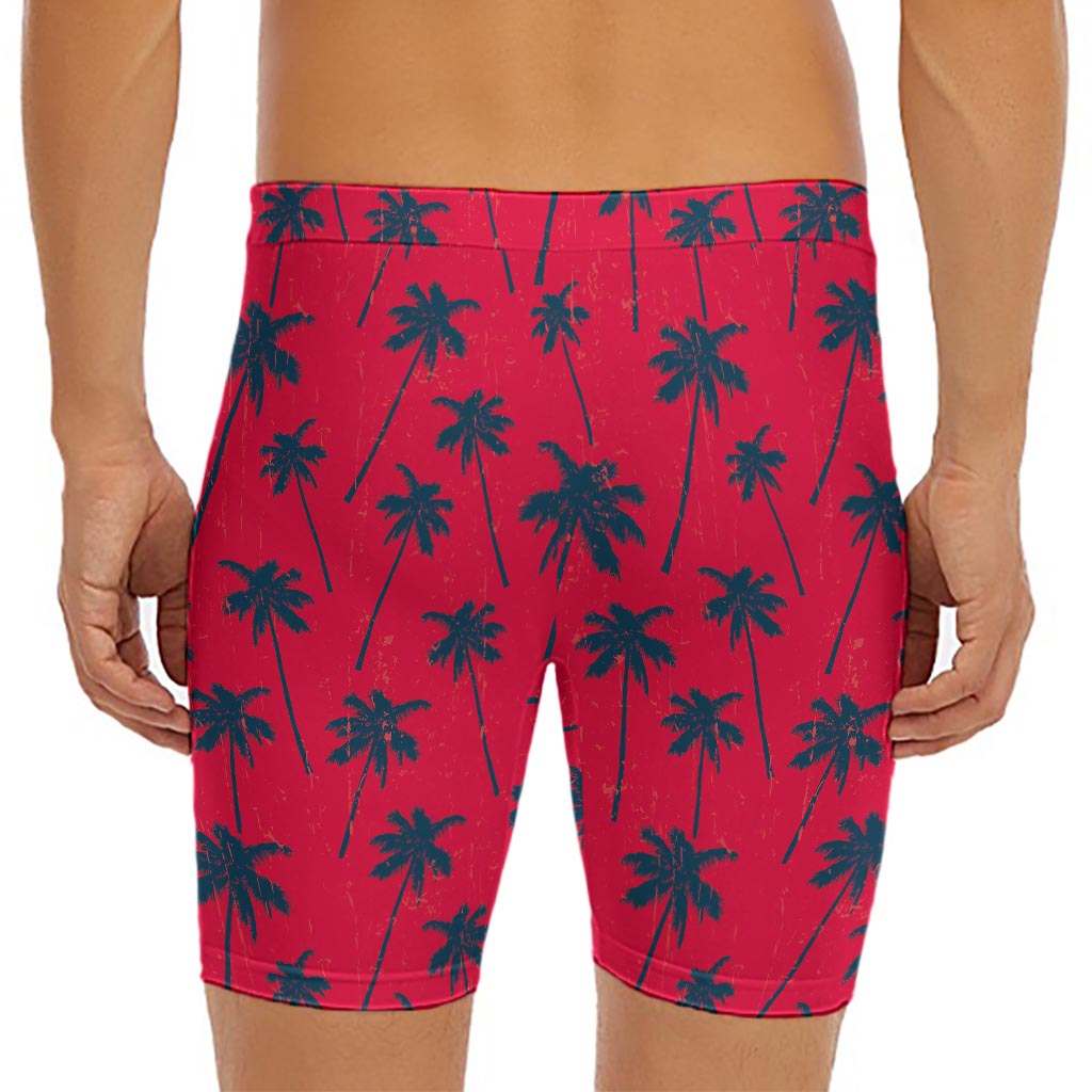 Black Red Palm Tree Pattern Print Men's Long Boxer Briefs