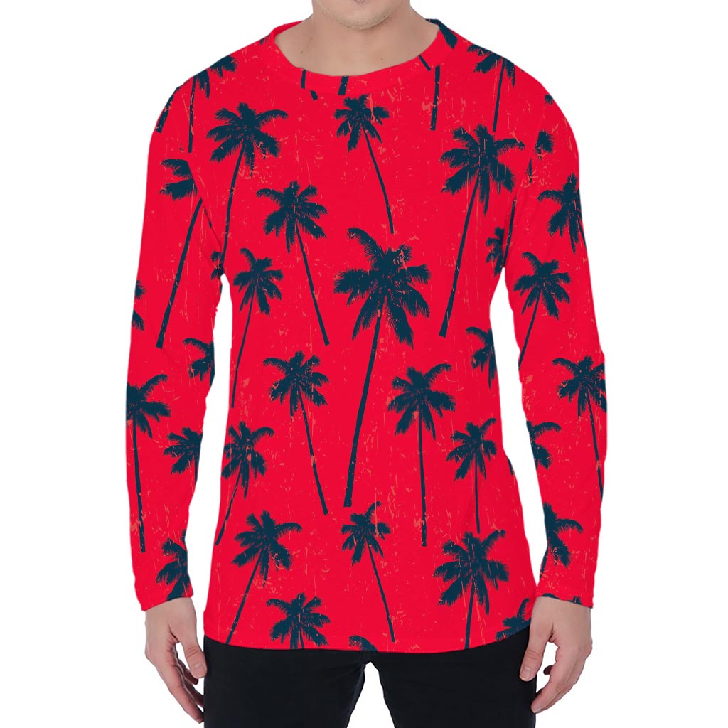 Black Red Palm Tree Pattern Print Men's Long Sleeve T-Shirt