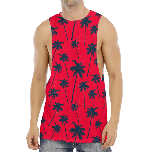 Black Red Palm Tree Pattern Print Men's Muscle Tank Top