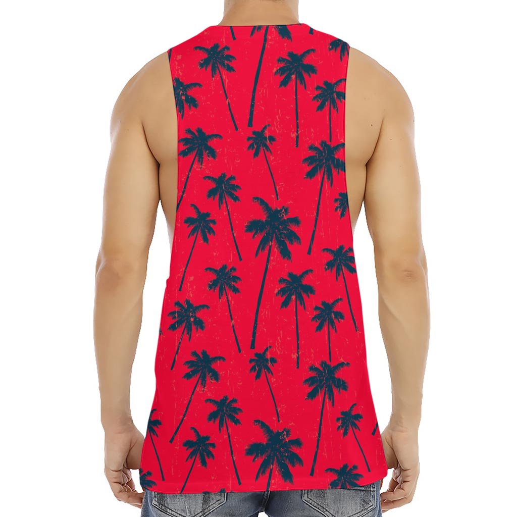 Black Red Palm Tree Pattern Print Men's Muscle Tank Top