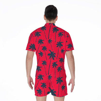 Black Red Palm Tree Pattern Print Men's Rompers