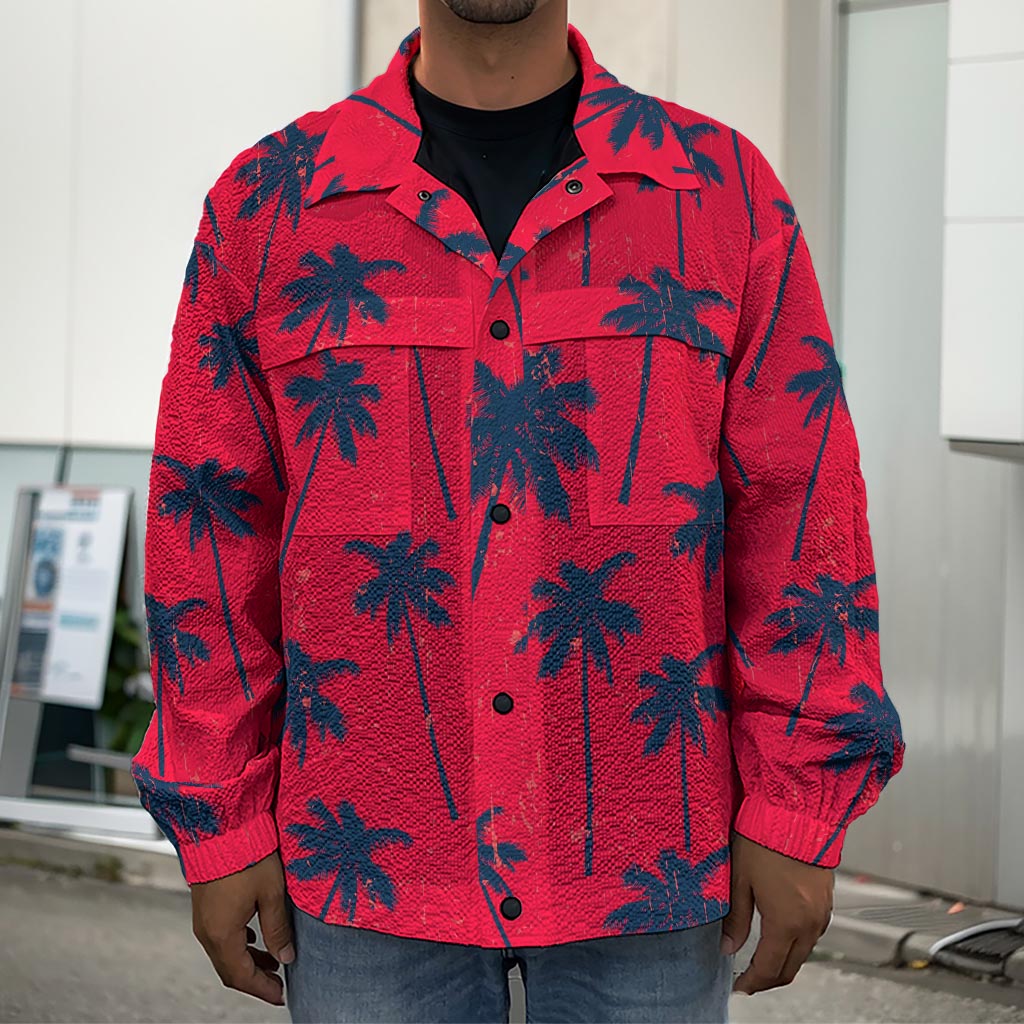 Black Red Palm Tree Pattern Print Men's Shirt Jacket