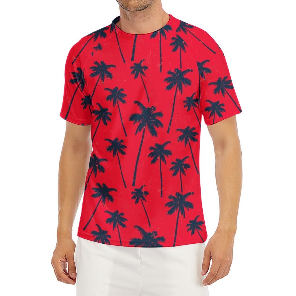 Black Red Palm Tree Pattern Print Men's Short Sleeve Rash Guard