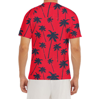 Black Red Palm Tree Pattern Print Men's Short Sleeve Rash Guard