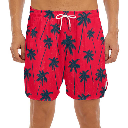 Black Red Palm Tree Pattern Print Men's Split Running Shorts