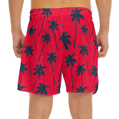 Black Red Palm Tree Pattern Print Men's Split Running Shorts