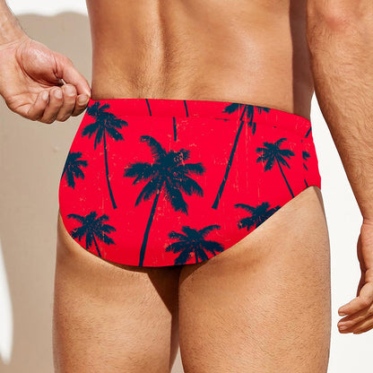 Black Red Palm Tree Pattern Print Men's Swim Briefs