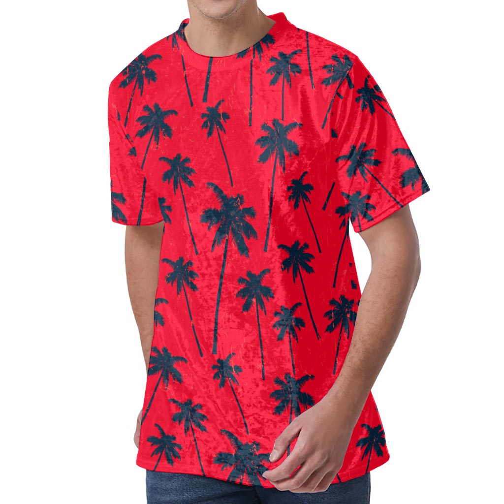 Black Red Palm Tree Pattern Print Men's Velvet T-Shirt