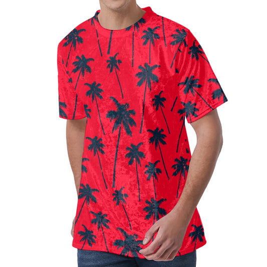 Black Red Palm Tree Pattern Print Men's Velvet T-Shirt