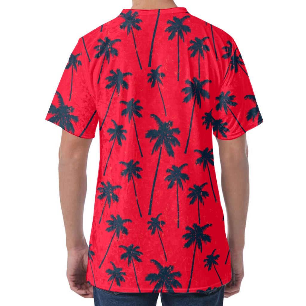 Black Red Palm Tree Pattern Print Men's Velvet T-Shirt