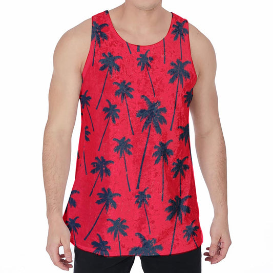 Black Red Palm Tree Pattern Print Men's Velvet Tank Top