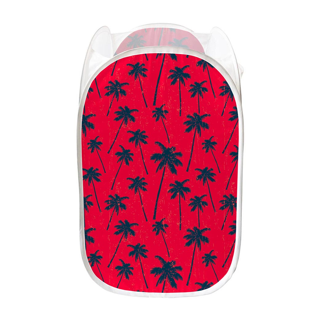 Black Red Palm Tree Pattern Print Mesh Laundry Hamper