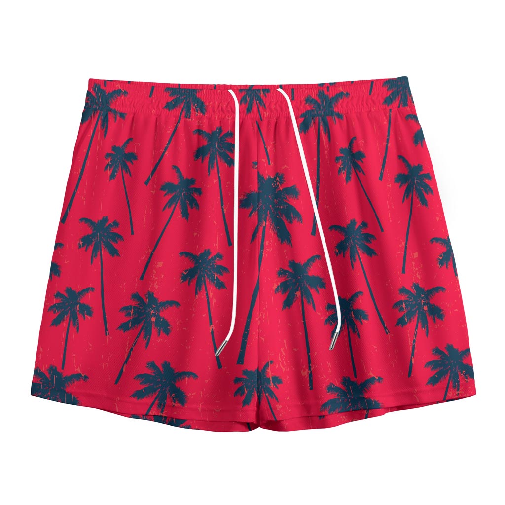 Black Red Palm Tree Pattern Print Mesh Shorts