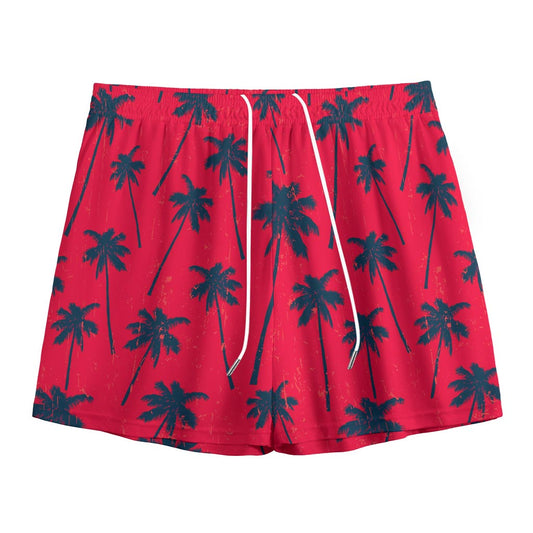 Black Red Palm Tree Pattern Print Mesh Shorts