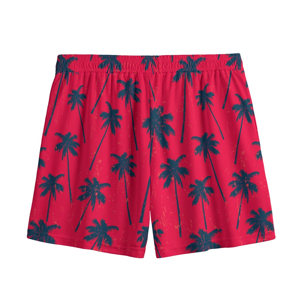 Black Red Palm Tree Pattern Print Mesh Shorts