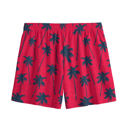 Black Red Palm Tree Pattern Print Mesh Shorts