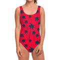 Black Red Palm Tree Pattern Print One Piece Swimsuit
