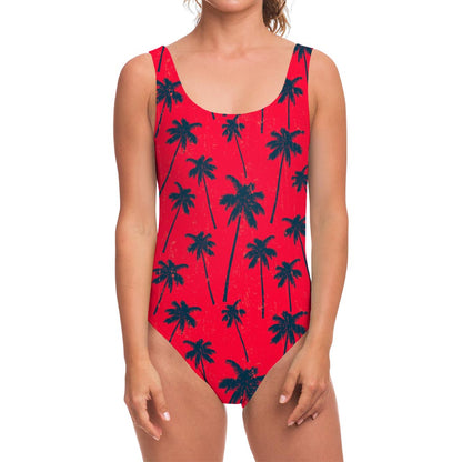 Black Red Palm Tree Pattern Print One Piece Swimsuit
