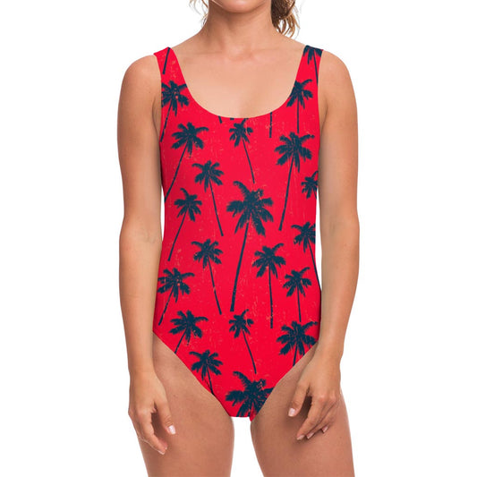 Black Red Palm Tree Pattern Print One Piece Swimsuit