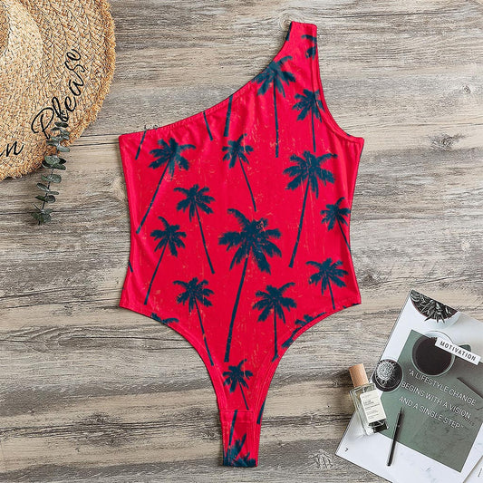Black Red Palm Tree Pattern Print One Shoulder Bodysuit