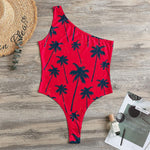 Black Red Palm Tree Pattern Print One Shoulder Bodysuit