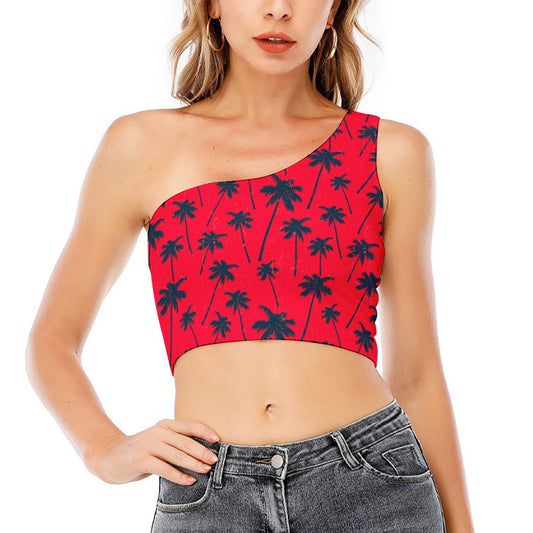Black Red Palm Tree Pattern Print One Shoulder Crop Top