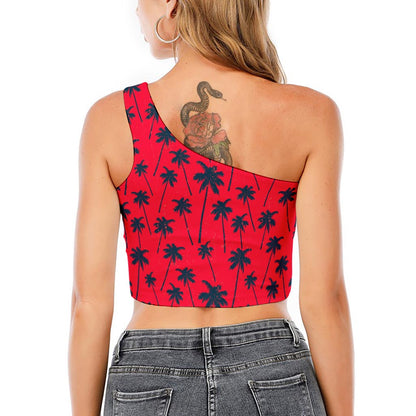 Black Red Palm Tree Pattern Print One Shoulder Crop Top