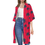 Black Red Palm Tree Pattern Print Open Front Beach Cover Up
