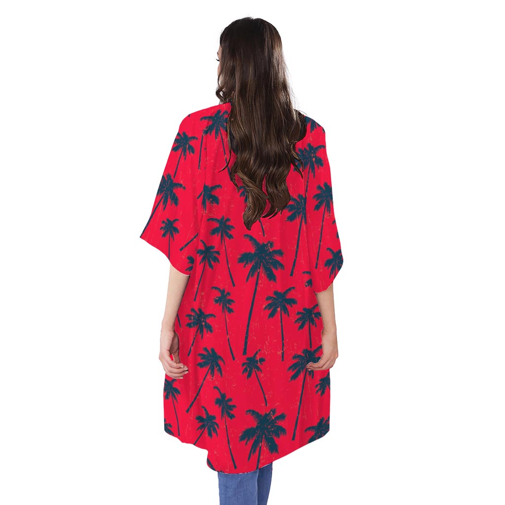 Black Red Palm Tree Pattern Print Open Front Beach Cover Up