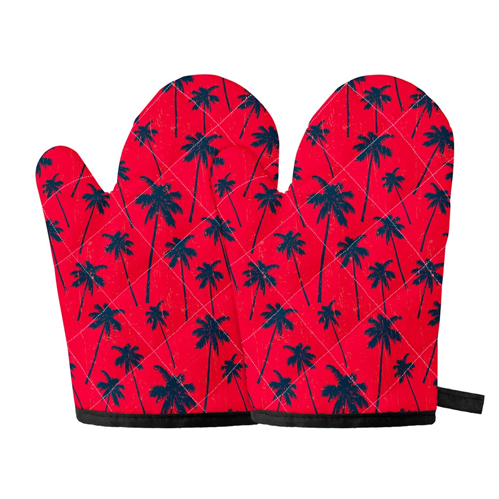 Black Red Palm Tree Pattern Print Oven Mitts