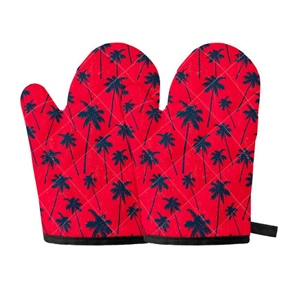 Black Red Palm Tree Pattern Print Oven Mitts