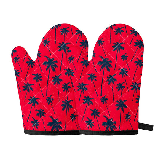 Black Red Palm Tree Pattern Print Oven Mitts