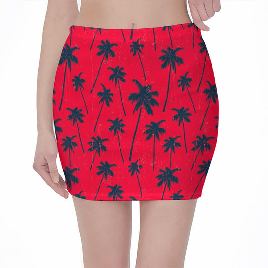 Black Red Palm Tree Pattern Print Pencil Mini Skirt