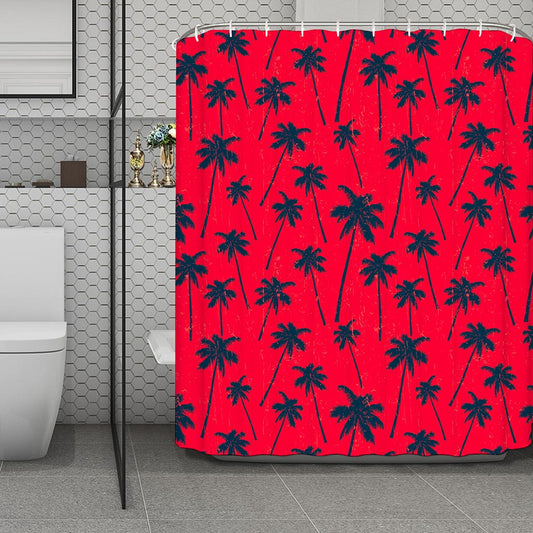 Black Red Palm Tree Pattern Print Polyester Shower Curtain