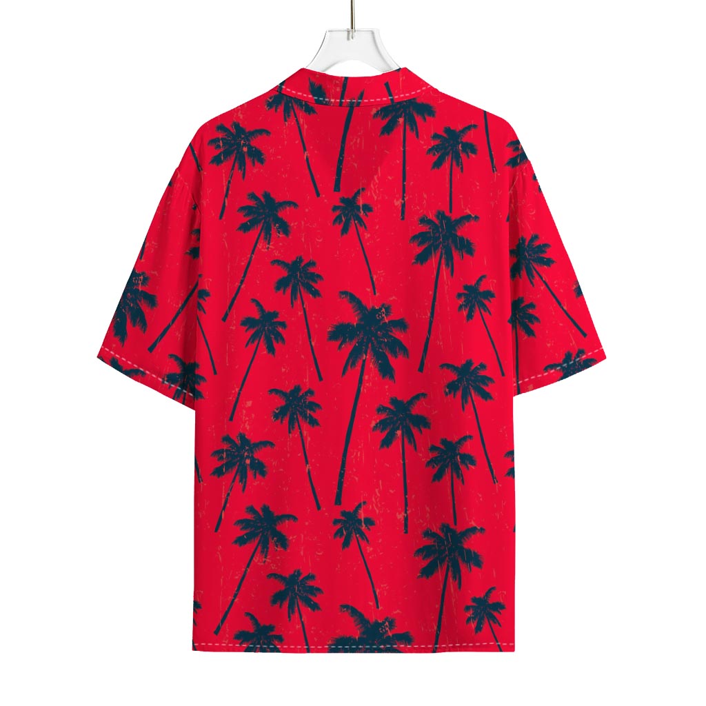 Black Red Palm Tree Pattern Print Rayon Hawaiian Shirt