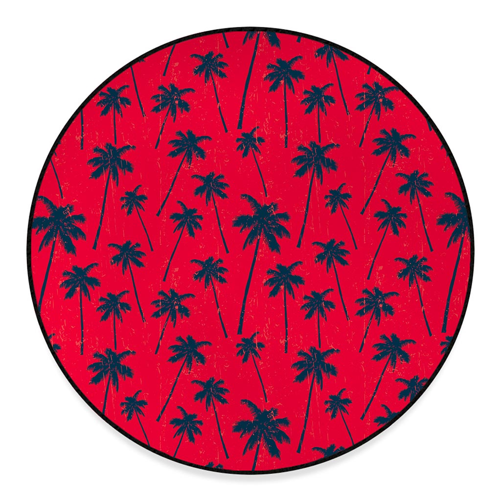 Black Red Palm Tree Pattern Print Round Floor Mat