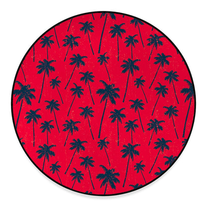 Black Red Palm Tree Pattern Print Round Floor Mat