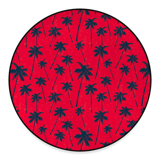 Black Red Palm Tree Pattern Print Round Floor Mat