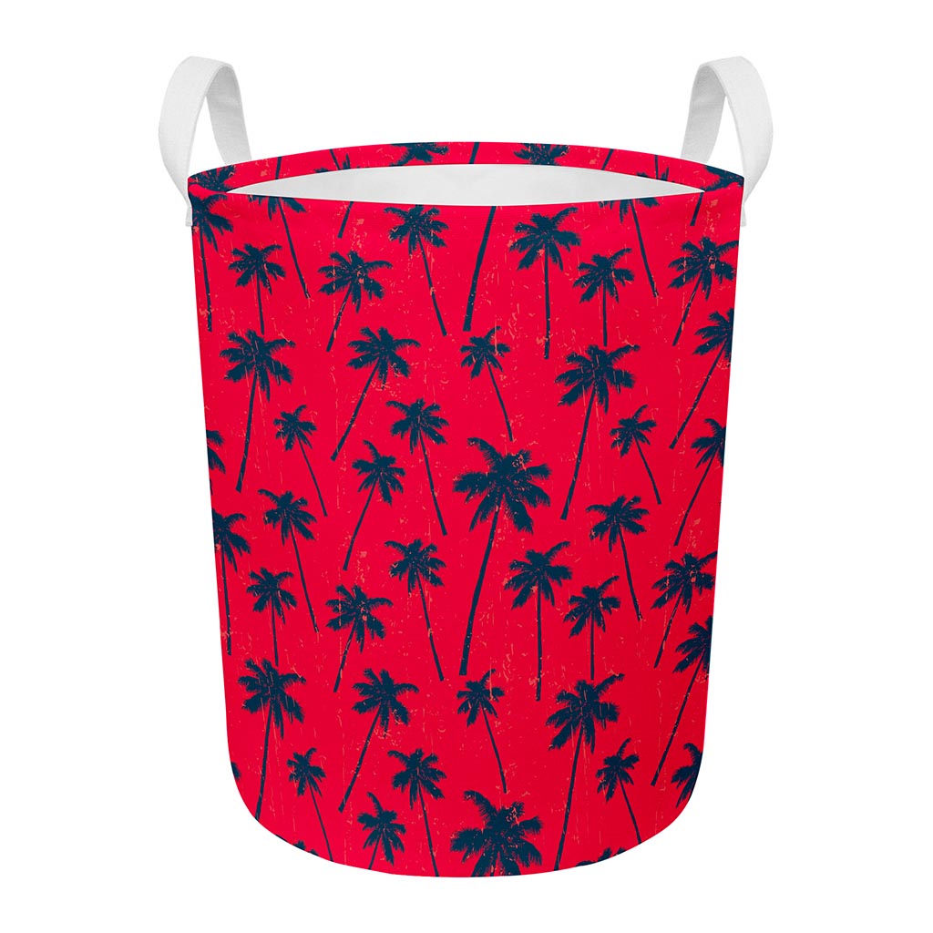 Black Red Palm Tree Pattern Print Round Laundry Basket