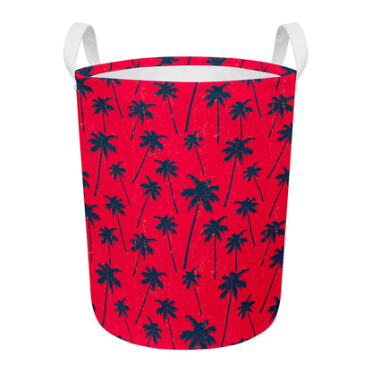 Black Red Palm Tree Pattern Print Round Laundry Basket