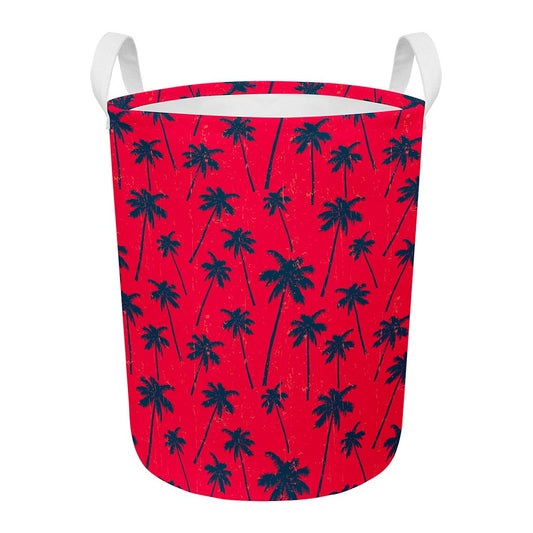 Black Red Palm Tree Pattern Print Round Laundry Basket