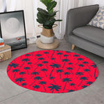Black Red Palm Tree Pattern Print Round Rug