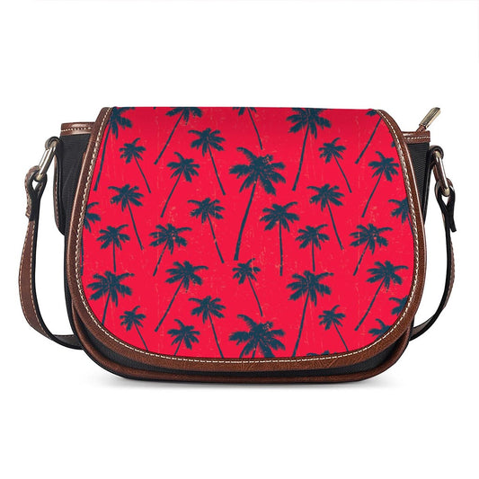 Black Red Palm Tree Pattern Print Saddle Bag