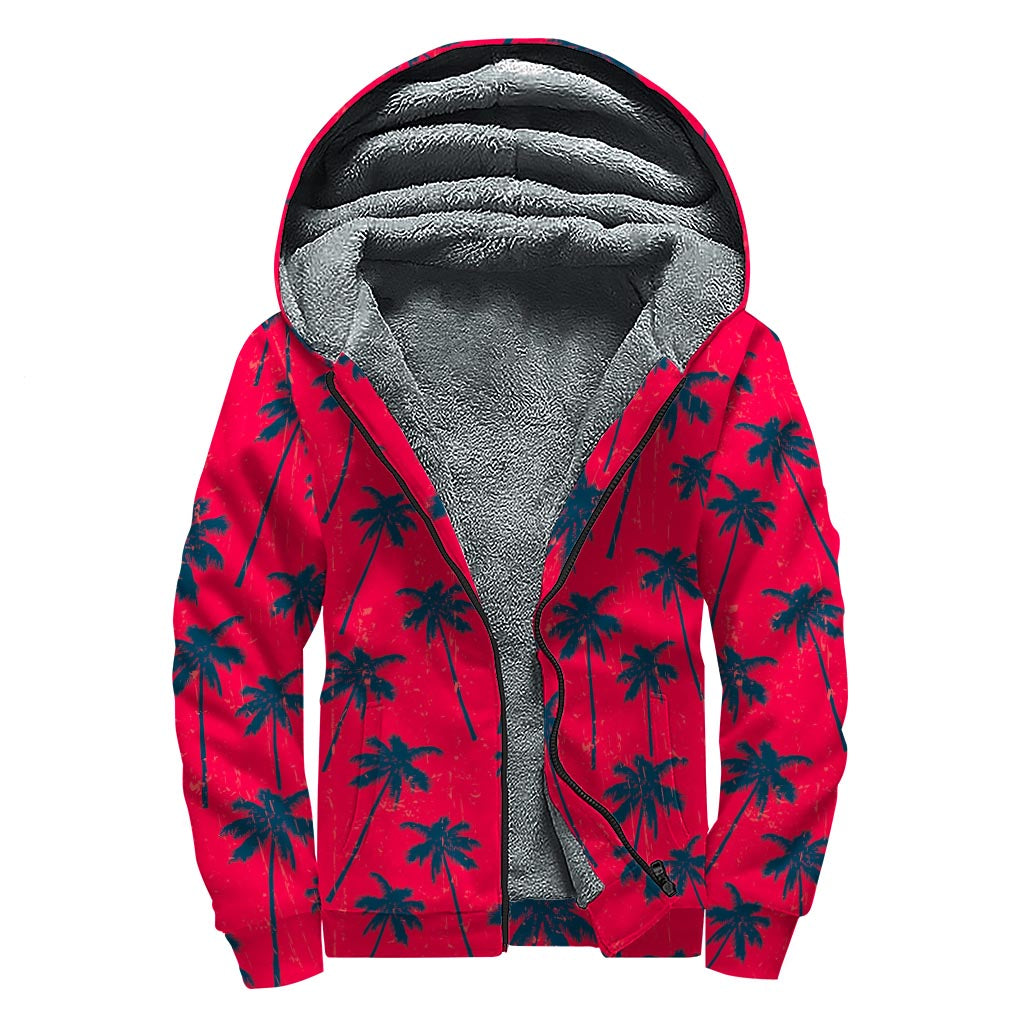 Black Red Palm Tree Pattern Print Sherpa Lined Zip Up Hoodie