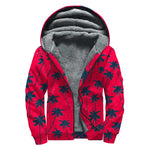 Black Red Palm Tree Pattern Print Sherpa Lined Zip Up Hoodie