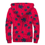 Black Red Palm Tree Pattern Print Sherpa Lined Zip Up Hoodie