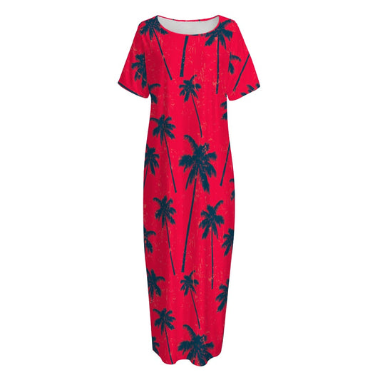 Black Red Palm Tree Pattern Print Short Sleeve Long Nightdress